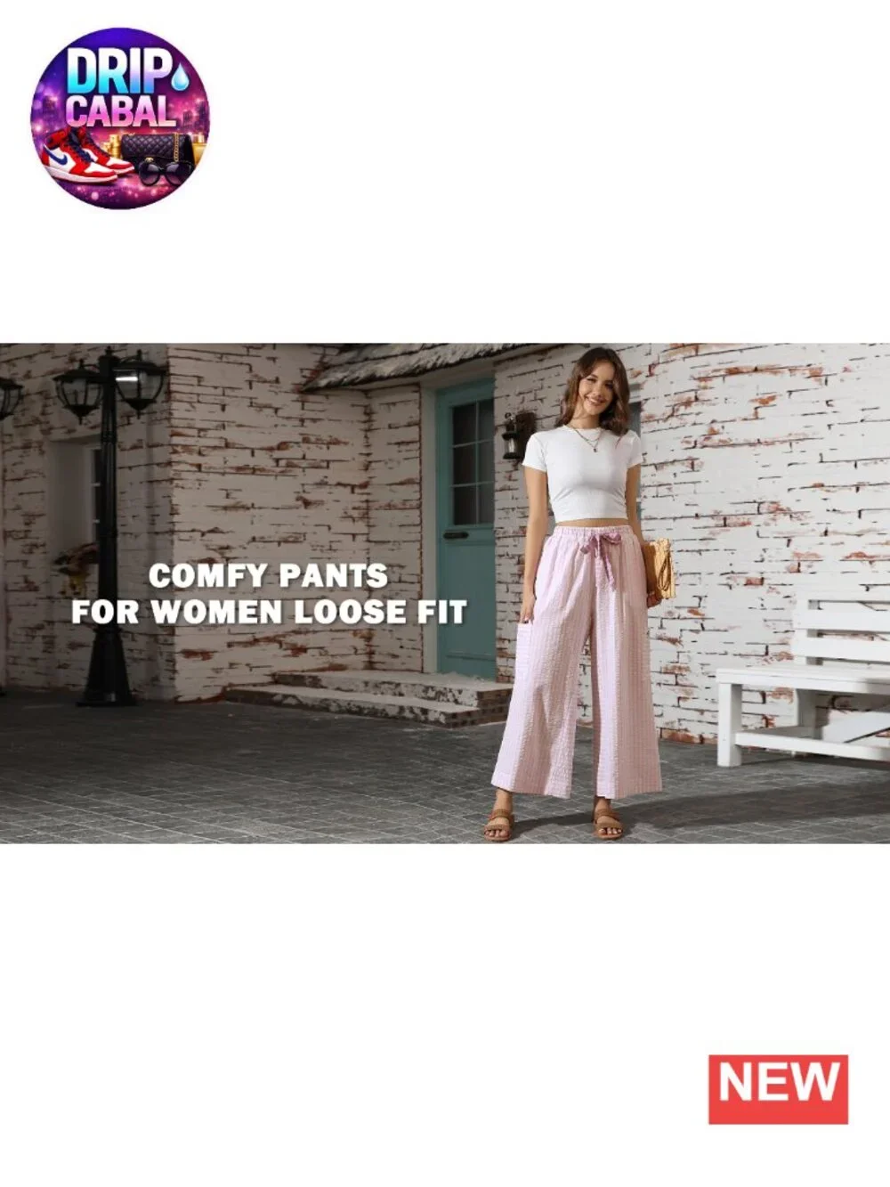 Cotton Blend Palazzo Pants for Women, Drawstring Elastic Waist, Striped Wide